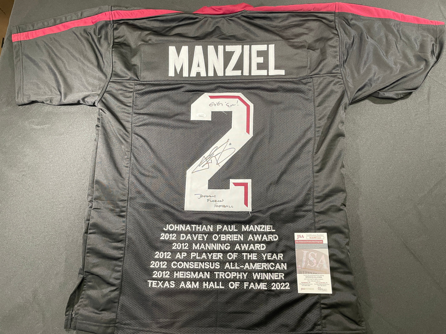 JOHNNY MANZIEL BLACK TEXAS A&M SIGNED STAT JERSEY w/"Johnny Fuckin Football" JSA