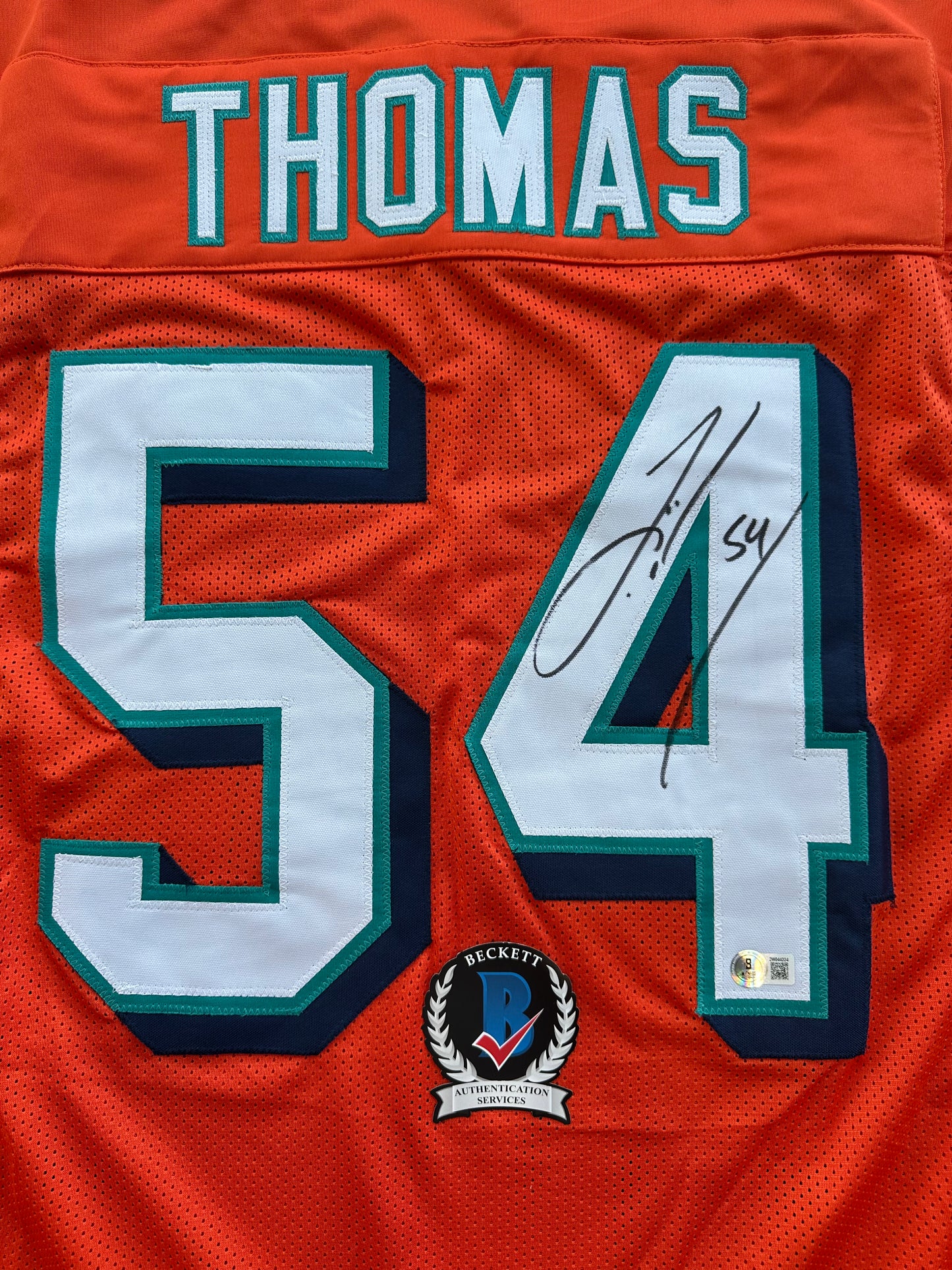 ZACH THOMAS SIGNED ORANGE FOOTBALL JERSEY Miami Dolphins BAS