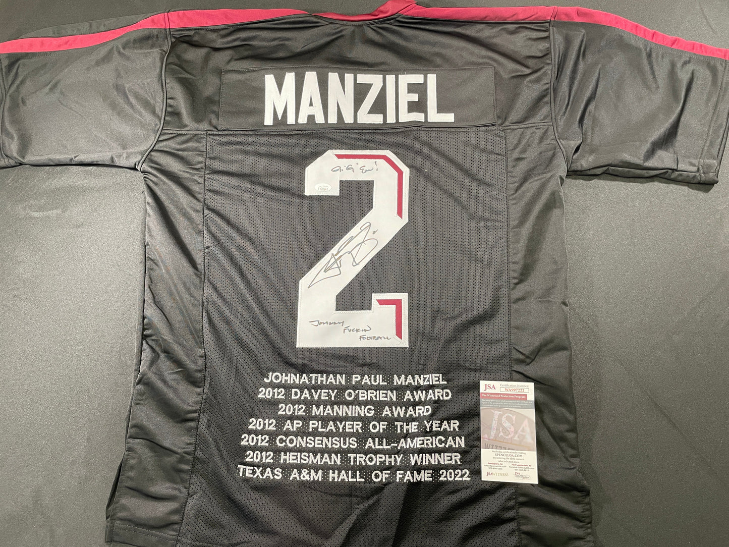 JOHNNY MANZIEL BLACK TEXAS A&M SIGNED STAT JERSEY w/"Johnny Fuckin Football" JSA