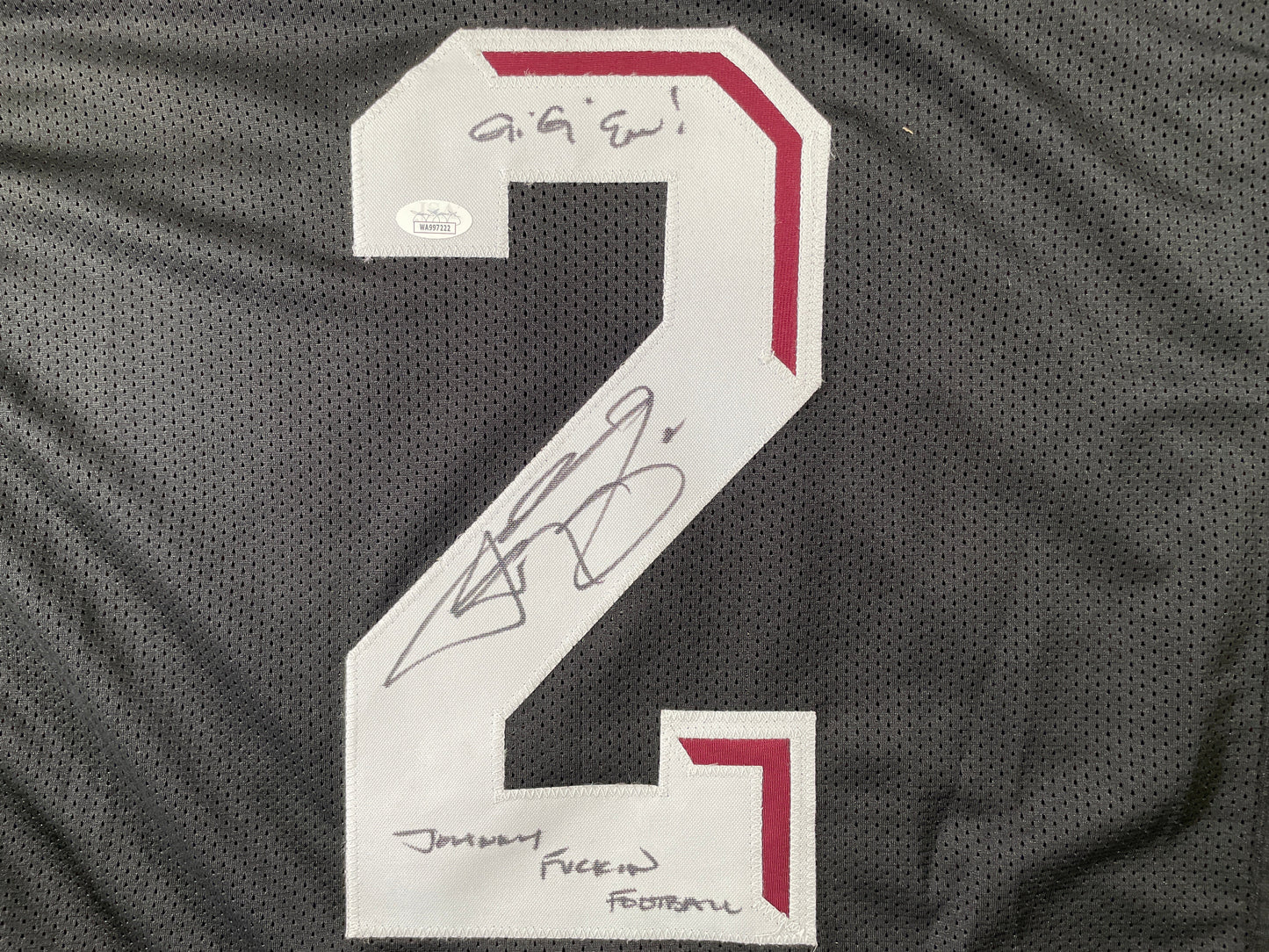 JOHNNY MANZIEL BLACK TEXAS A&M SIGNED STAT JERSEY w/"Johnny Fuckin Football" JSA