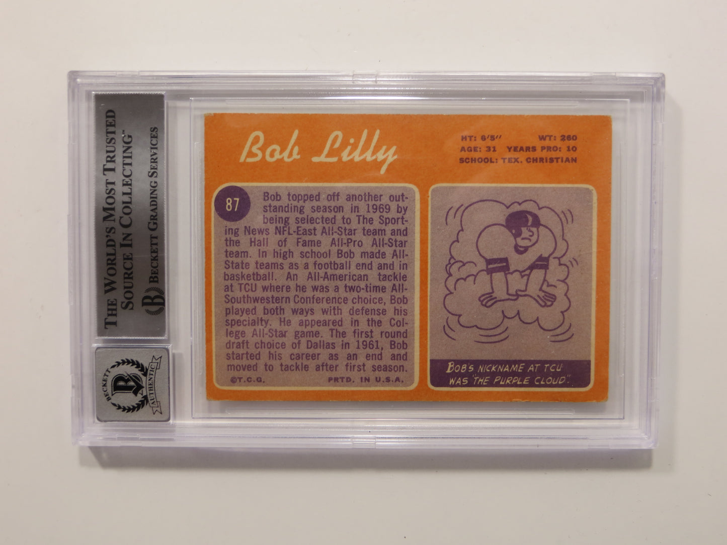BOB LILLY SIGNED 1970 Topps #87 BGS BAS SLAB w/HOF 80 DALLAS COWBOYS Auto 10