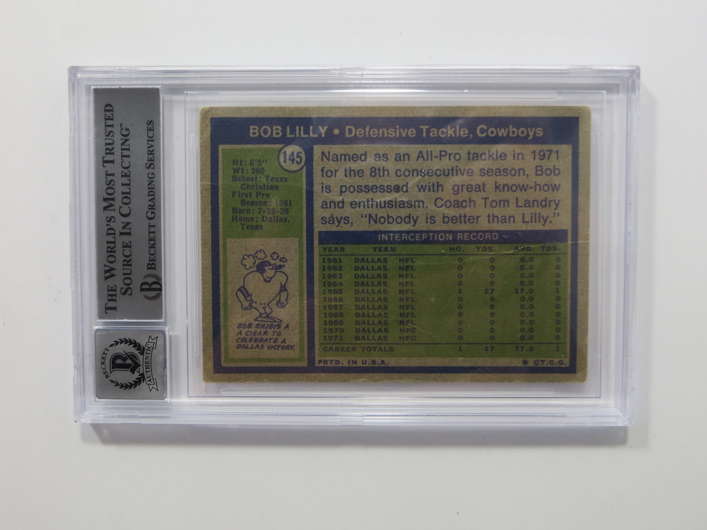 BOB LILLY SIGNED 1972 Topps #145 BGS BAS SLAB w/HOF 80 DALLAS COWBOYS Auto 10