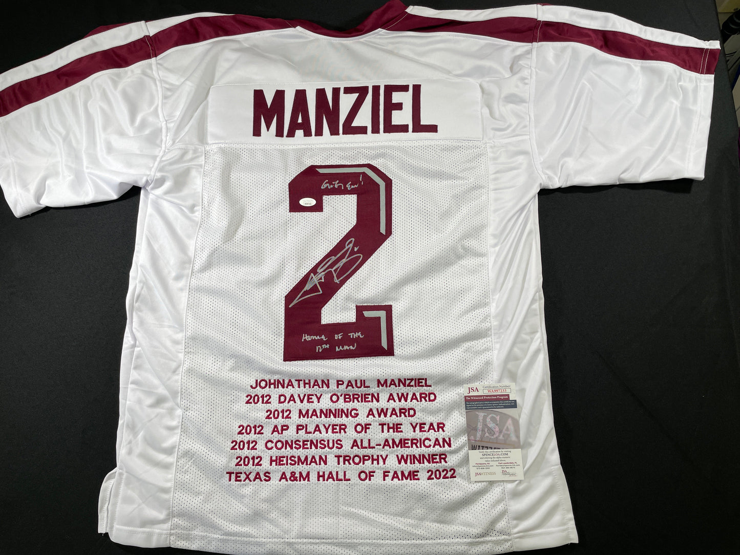 JOHNNY MANZIEL WHITE TEXAS A&M SIGNED STAT JERSEY w/"Home of the 12th Man" JSA