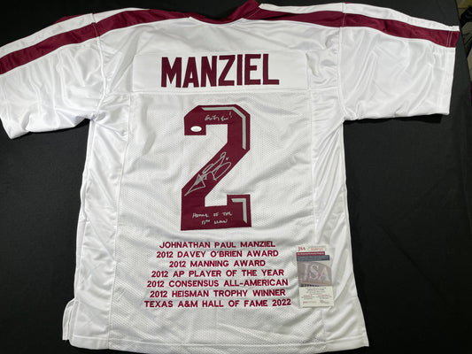 JOHNNY MANZIEL WHITE TEXAS A&M SIGNED STAT JERSEY w/"Home of the 12th Man" JSA