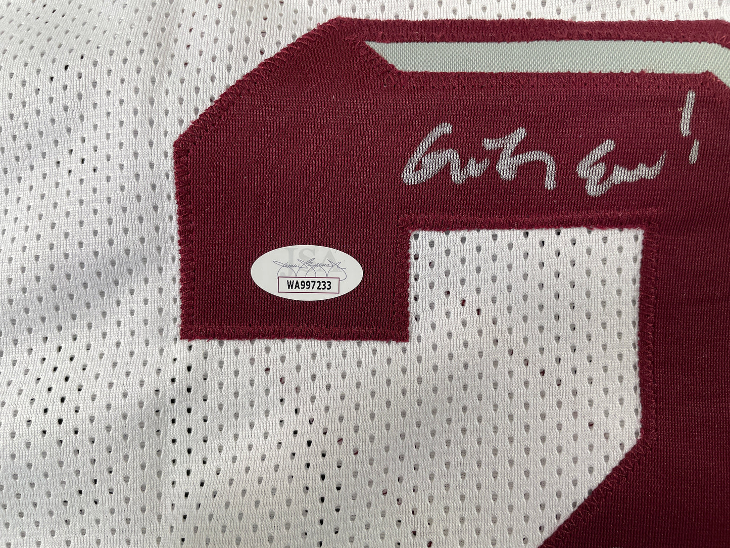 JOHNNY MANZIEL WHITE TEXAS A&M SIGNED STAT JERSEY w/"Home of the 12th Man" JSA