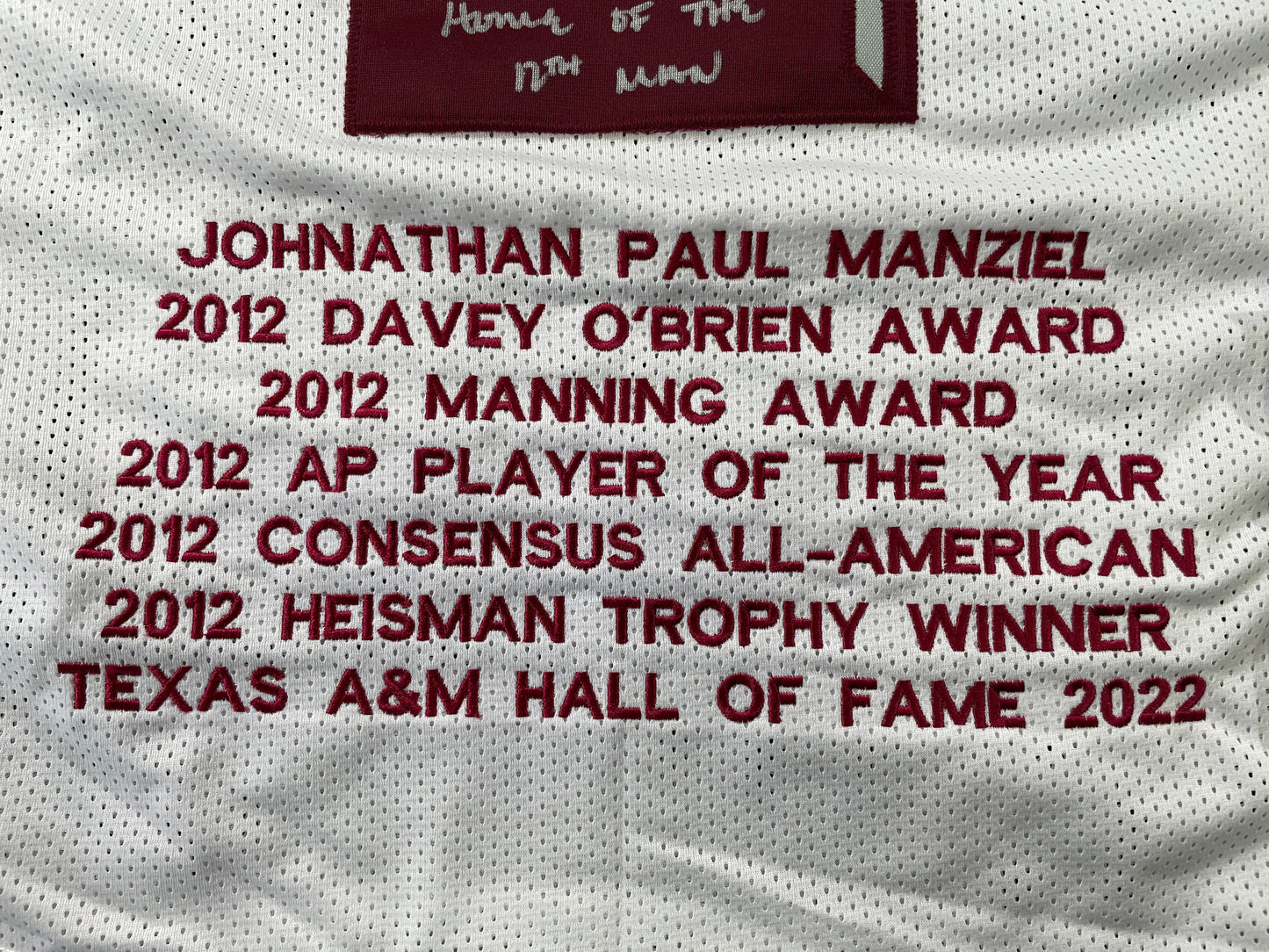 JOHNNY MANZIEL WHITE TEXAS A&M SIGNED STAT JERSEY w/"Home of the 12th Man" JSA