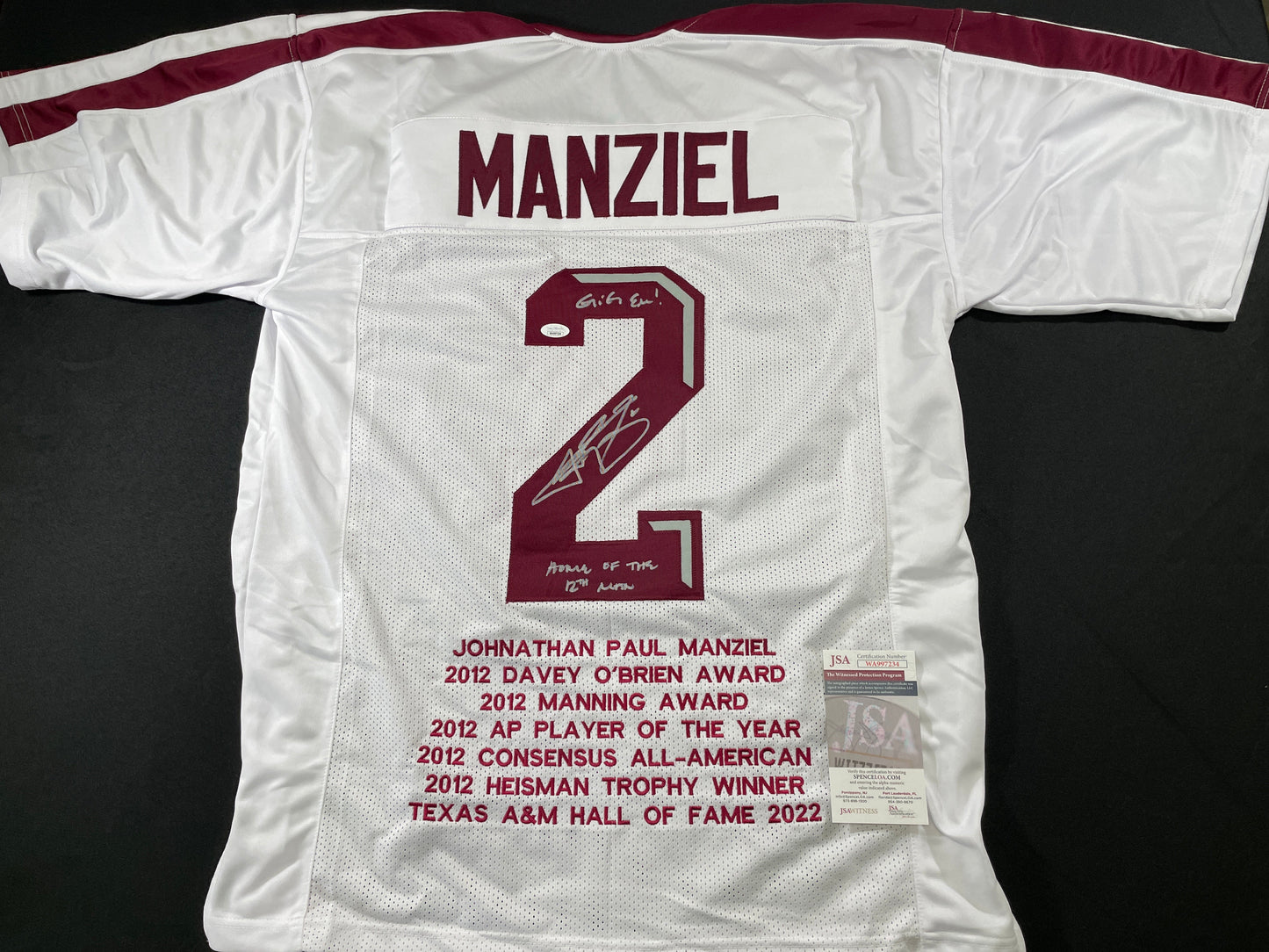 JOHNNY MANZIEL WHITE TEXAS A&M SIGNED STAT JERSEY w/"Home of the 12th Man" JSA