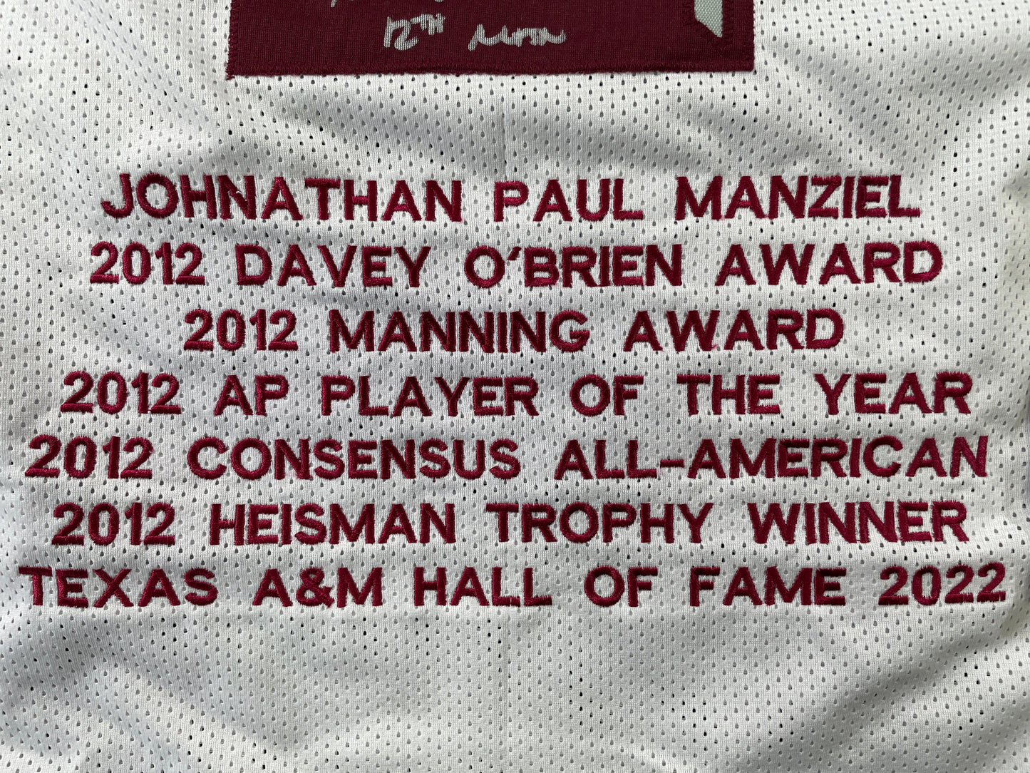 JOHNNY MANZIEL WHITE TEXAS A&M SIGNED STAT JERSEY w/"Home of the 12th Man" JSA