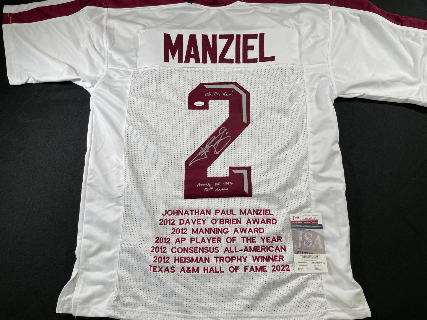 JOHNNY MANZIEL WHITE TEXAS A&M SIGNED STAT JERSEY w/"Home of the 12th Man" JSA