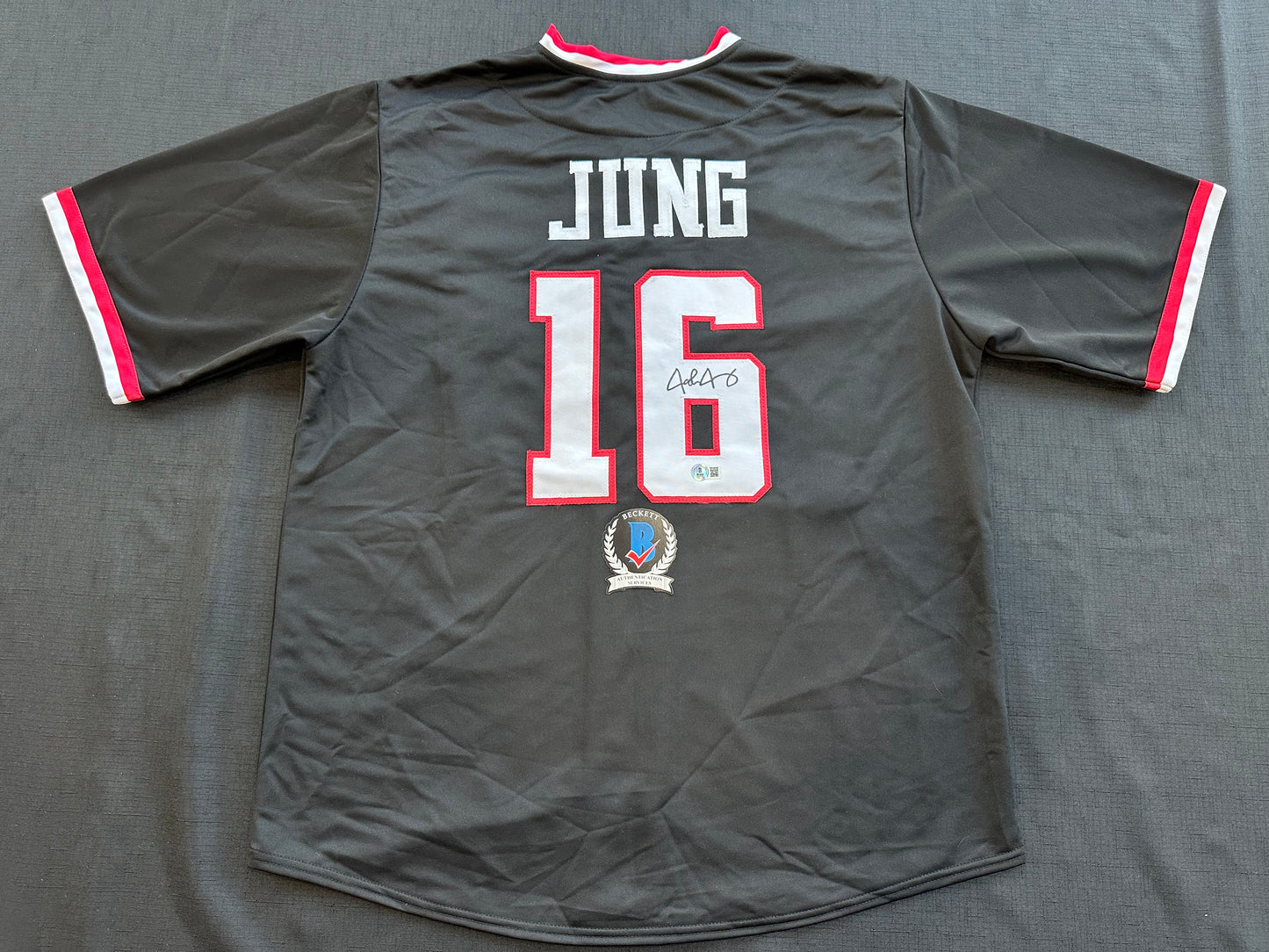JOSH JUNG SIGNED BLACK TEXAS TECH JERSEY Rangers BAS
