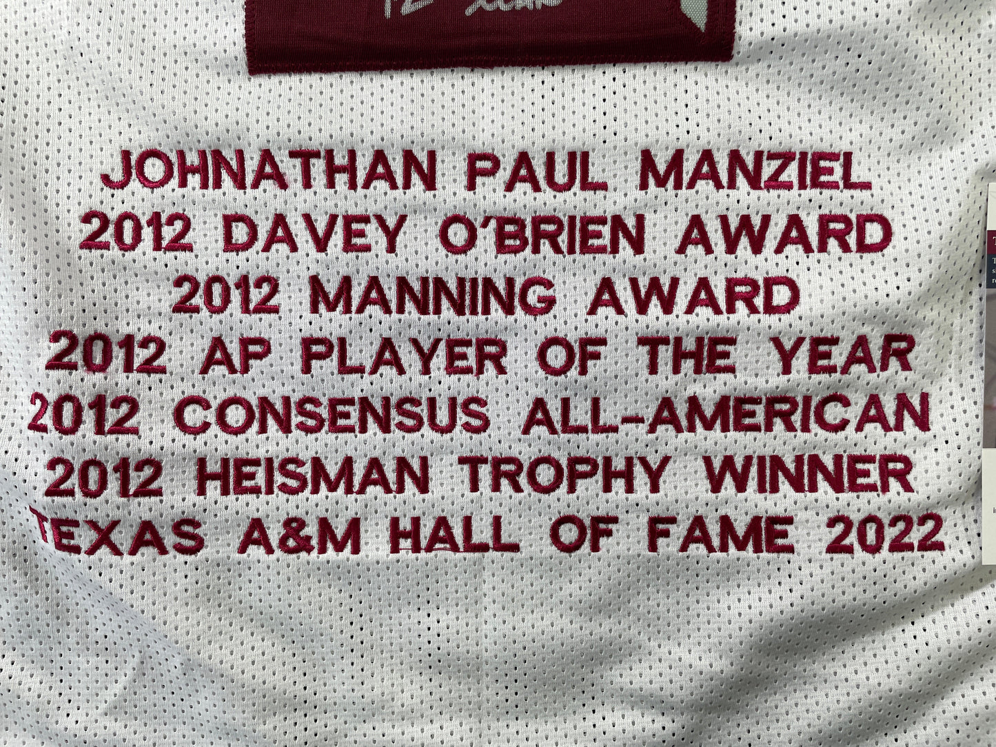 JOHNNY MANZIEL WHITE TEXAS A&M SIGNED STAT JERSEY w/"Home of the 12th Man" JSA