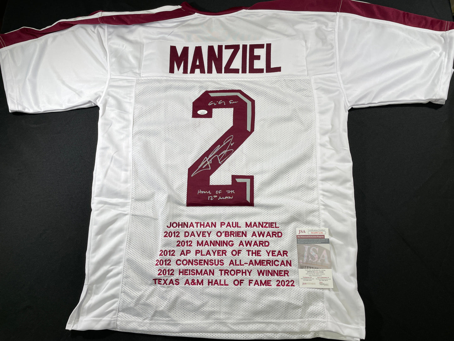 JOHNNY MANZIEL WHITE TEXAS A&M SIGNED STAT JERSEY w/"Home of the 12th Man" JSA