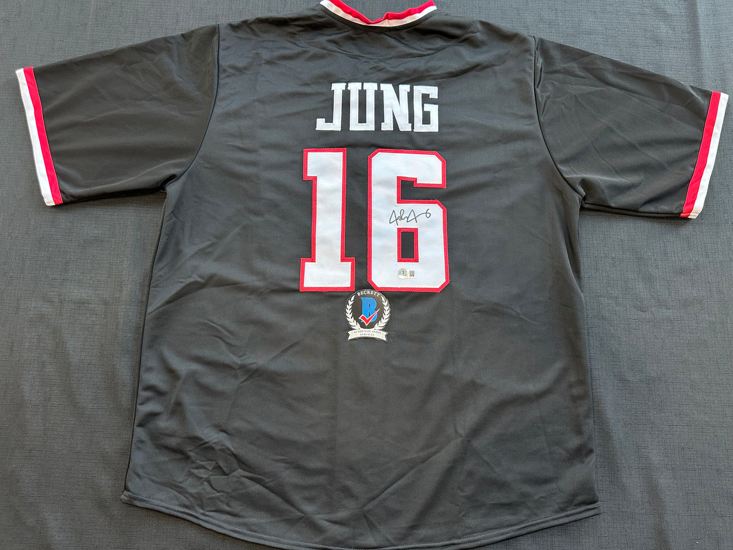 JOSH JUNG SIGNED BLACK TEXAS TECH JERSEY Rangers BAS