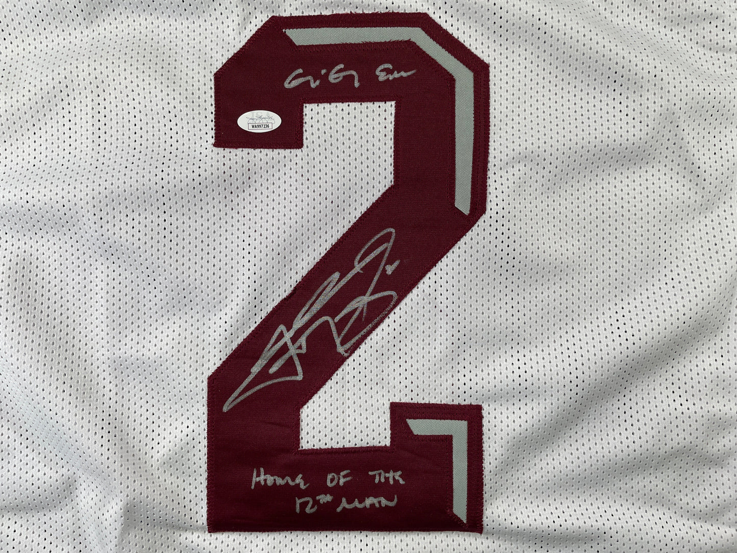 JOHNNY MANZIEL WHITE TEXAS A&M SIGNED STAT JERSEY w/"Home of the 12th Man" JSA