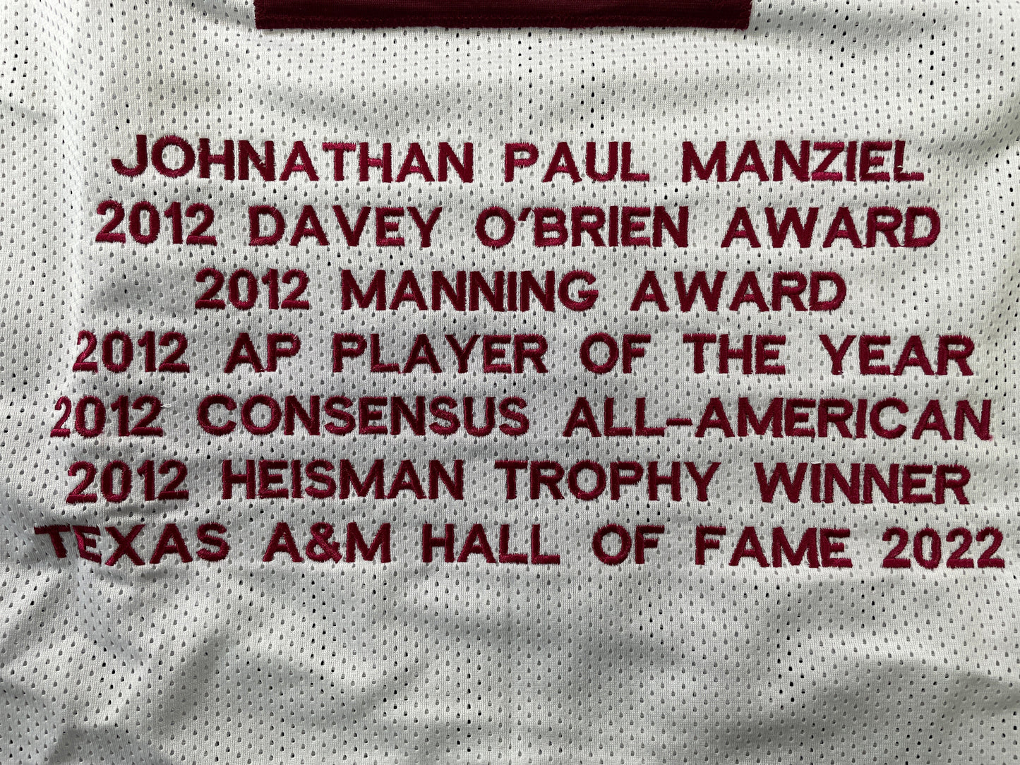 JOHNNY MANZIEL WHITE TEXAS A&M SIGNED STAT JERSEY w/"Home of the 12th Man" JSA