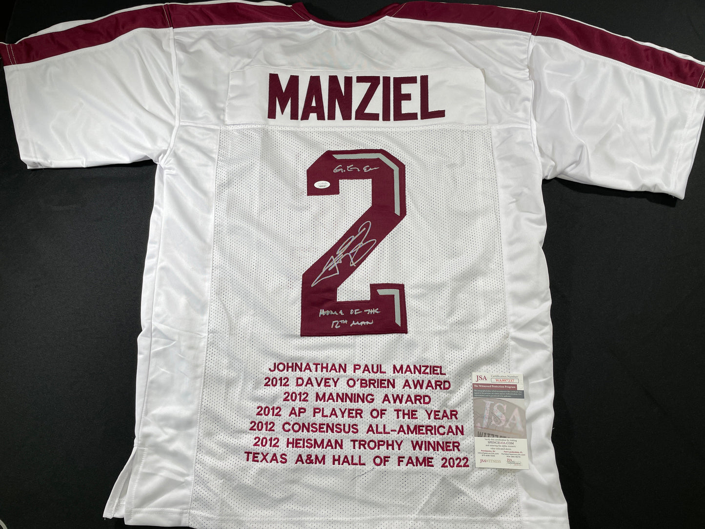 JOHNNY MANZIEL WHITE TEXAS A&M SIGNED STAT JERSEY w/"Home of the 12th Man" JSA