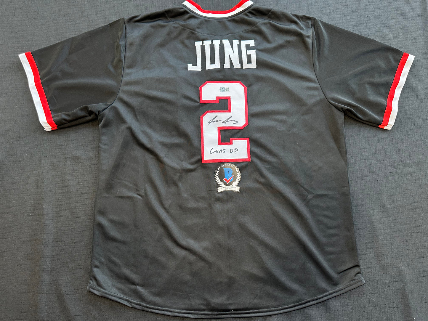 JACE JUNG SIGNED BLACK TEXAS TECH JERSEY Tigers w/ "Guns Up" BAS