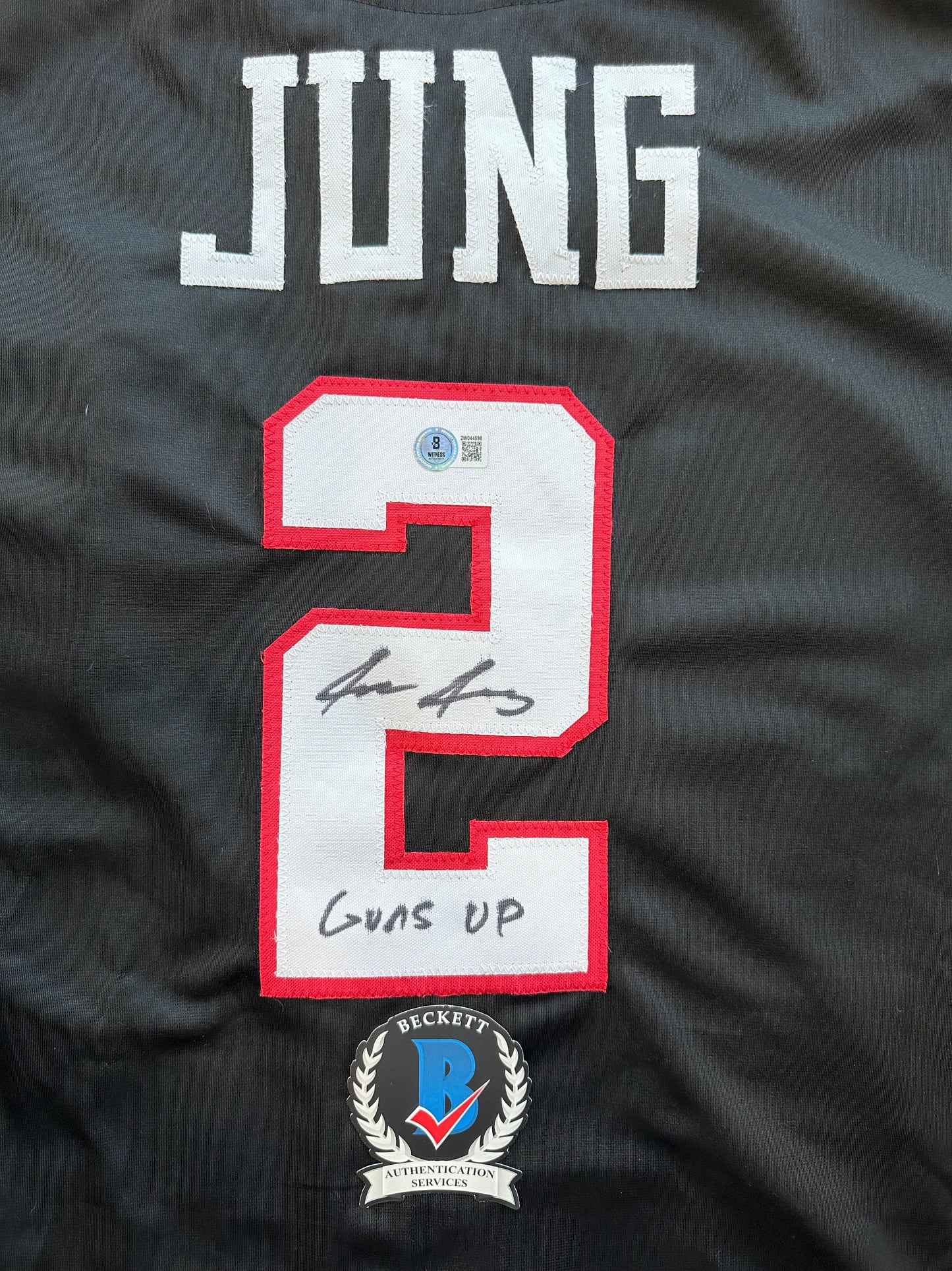 JACE JUNG SIGNED BLACK TEXAS TECH JERSEY Tigers w/ "Guns Up" BAS