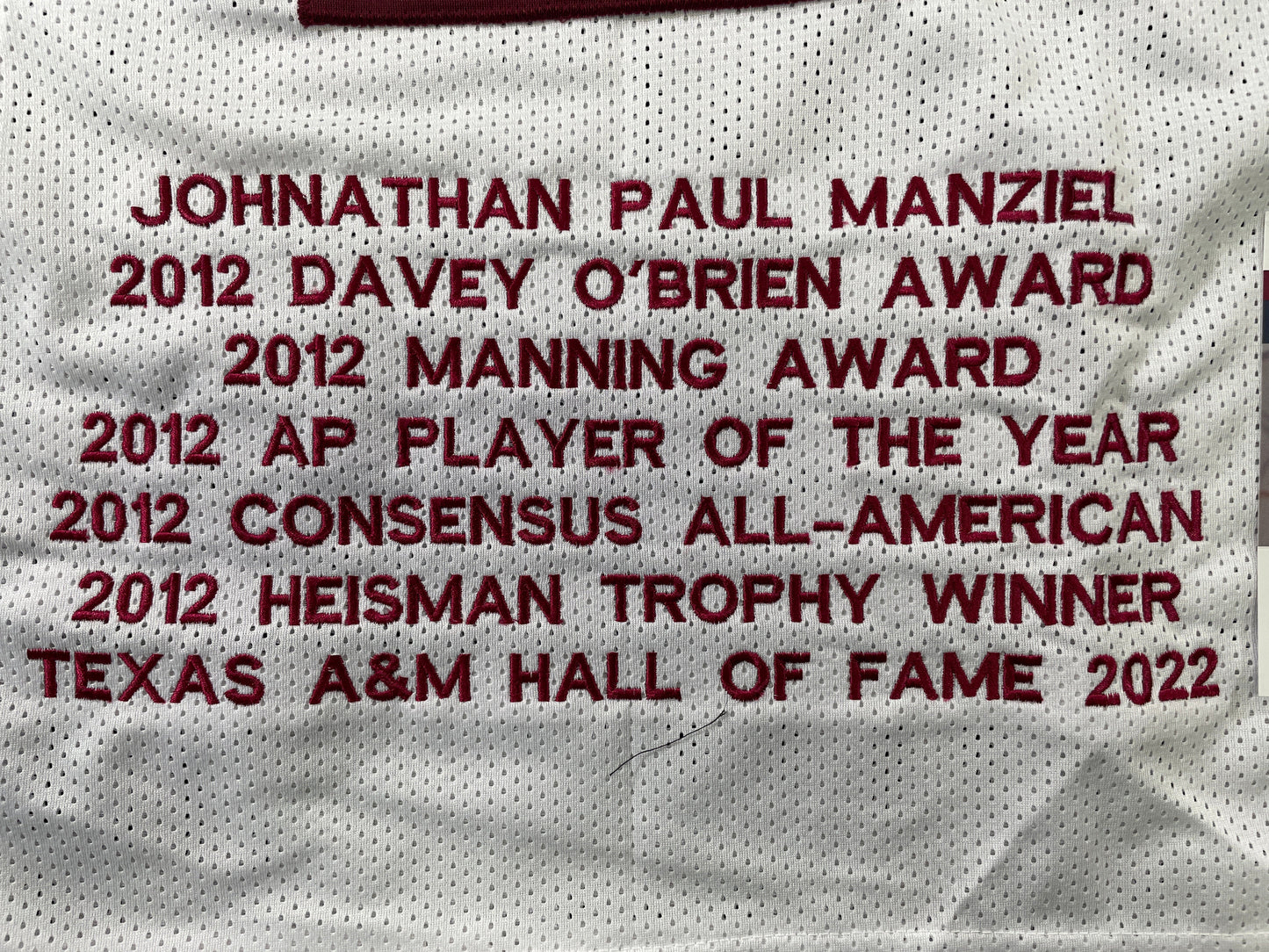 JOHNNY MANZIEL WHITE TEXAS A&M SIGNED STAT JERSEY w/"Home of the 12th Man" JSA