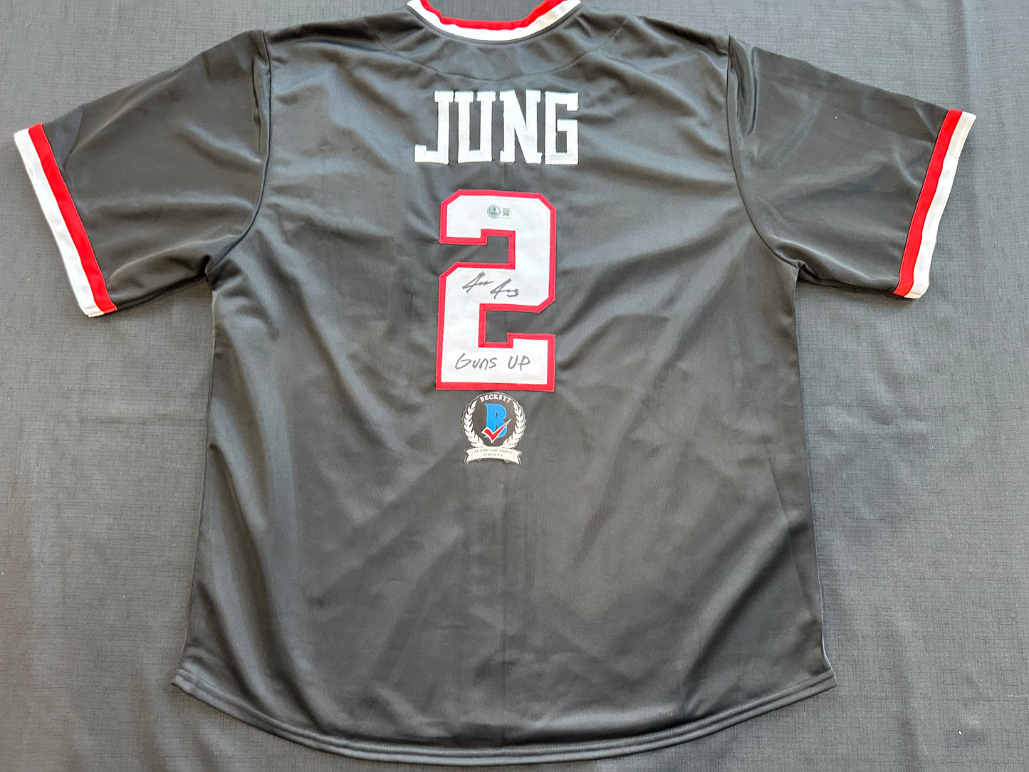 JACE JUNG SIGNED BLACK TEXAS TECH JERSEY Tigers w/ "Guns Up" BAS