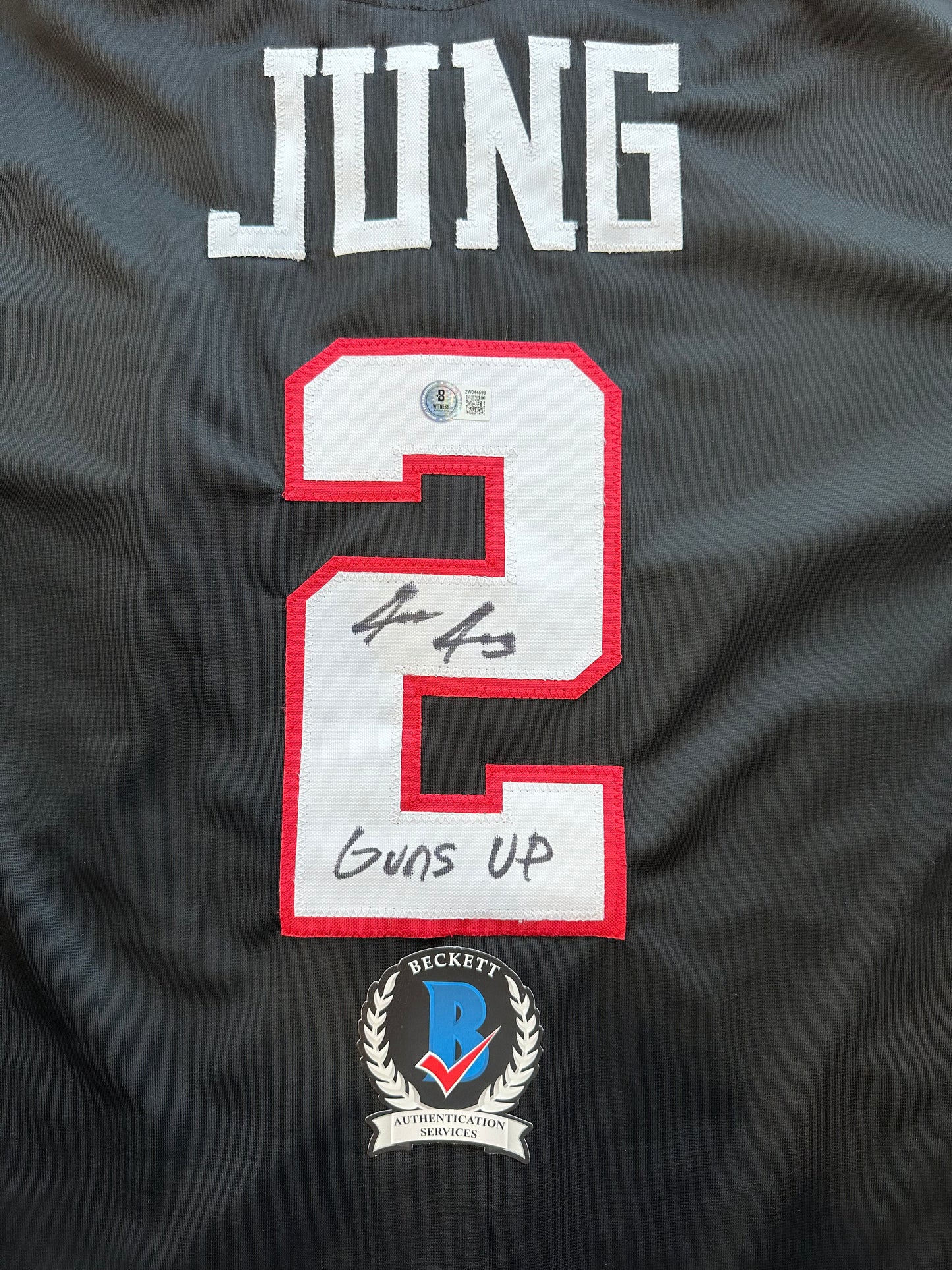 JACE JUNG SIGNED BLACK TEXAS TECH JERSEY Tigers w/ "Guns Up" BAS