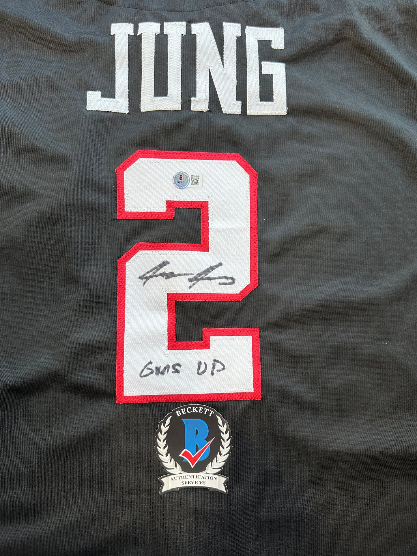 JACE JUNG SIGNED BLACK TEXAS TECH JERSEY Tigers w/ "Guns Up" BAS