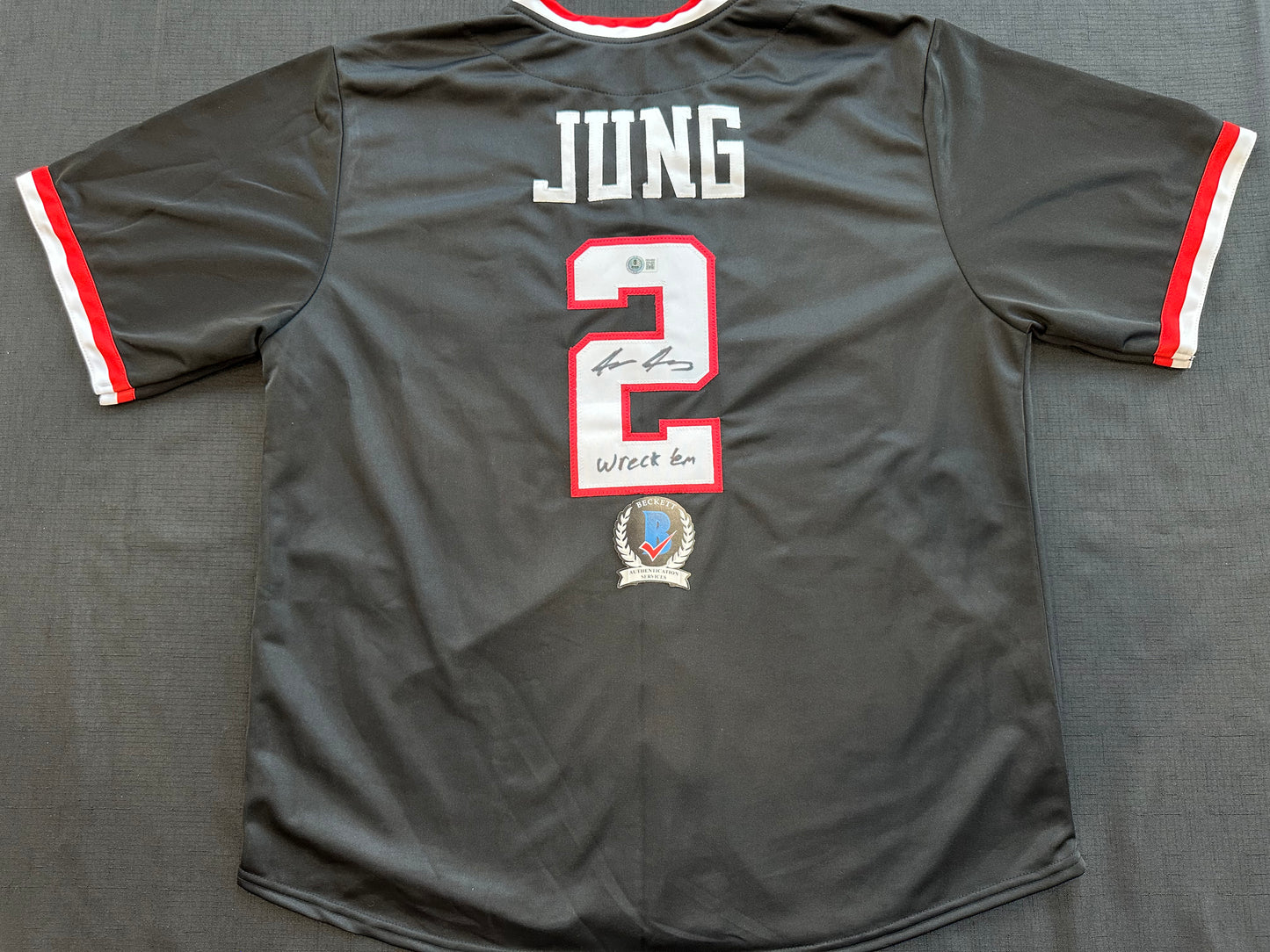 JACE JUNG SIGNED BLACK TEXAS TECH JERSEY w/ "Wreck 'Em" Tigers BAS