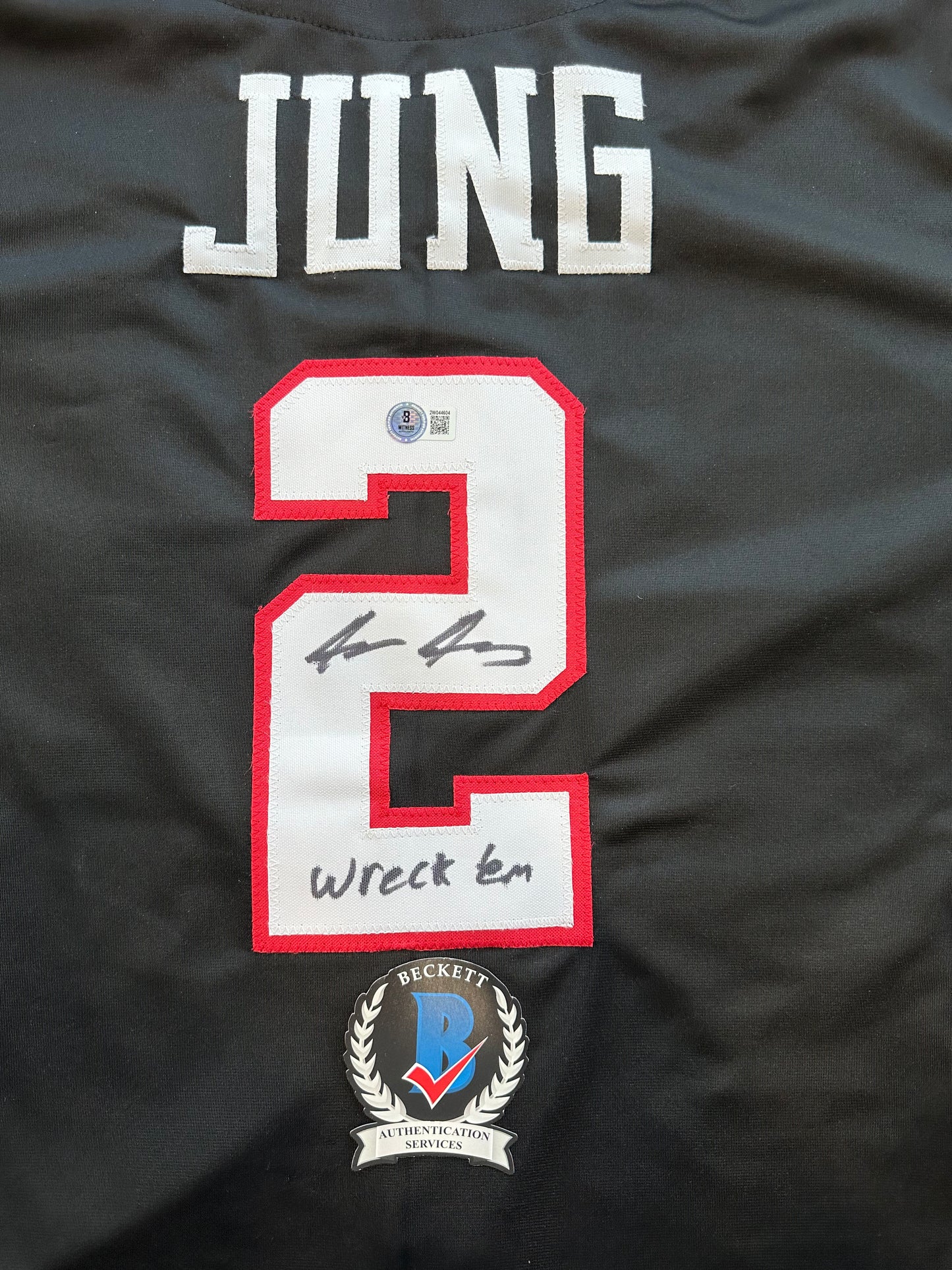 JACE JUNG SIGNED BLACK TEXAS TECH JERSEY w/ "Wreck 'Em" Tigers BAS