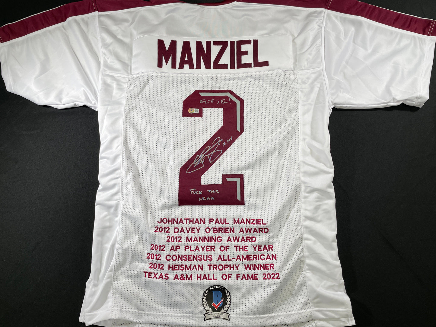 JOHNNY MANZIEL WHITE TEXAS A&M SIGNED STAT JERSEY w/" NCAA" BAS