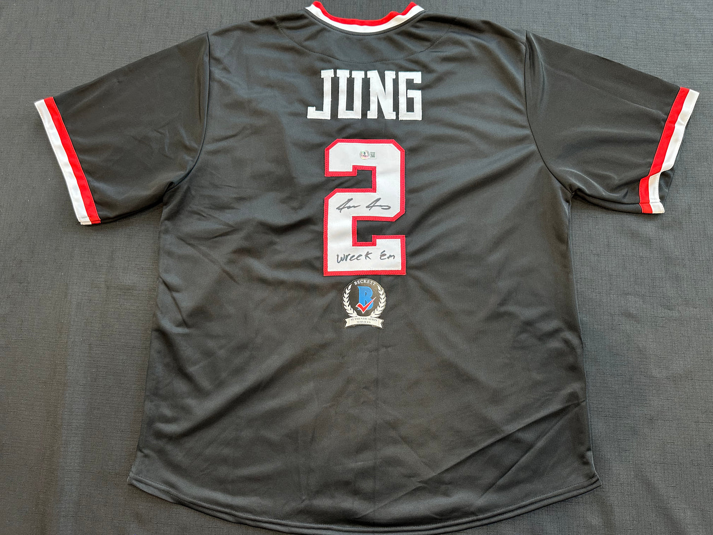 JACE JUNG SIGNED BLACK TEXAS TECH JERSEY w/ "Wreck 'Em" Tigers BAS