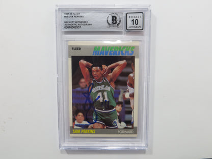 SAM PERKINS SIGNED BGS BAS SLAB 1987 FLEER #84 DALLAS MAVERICKS Auto 10