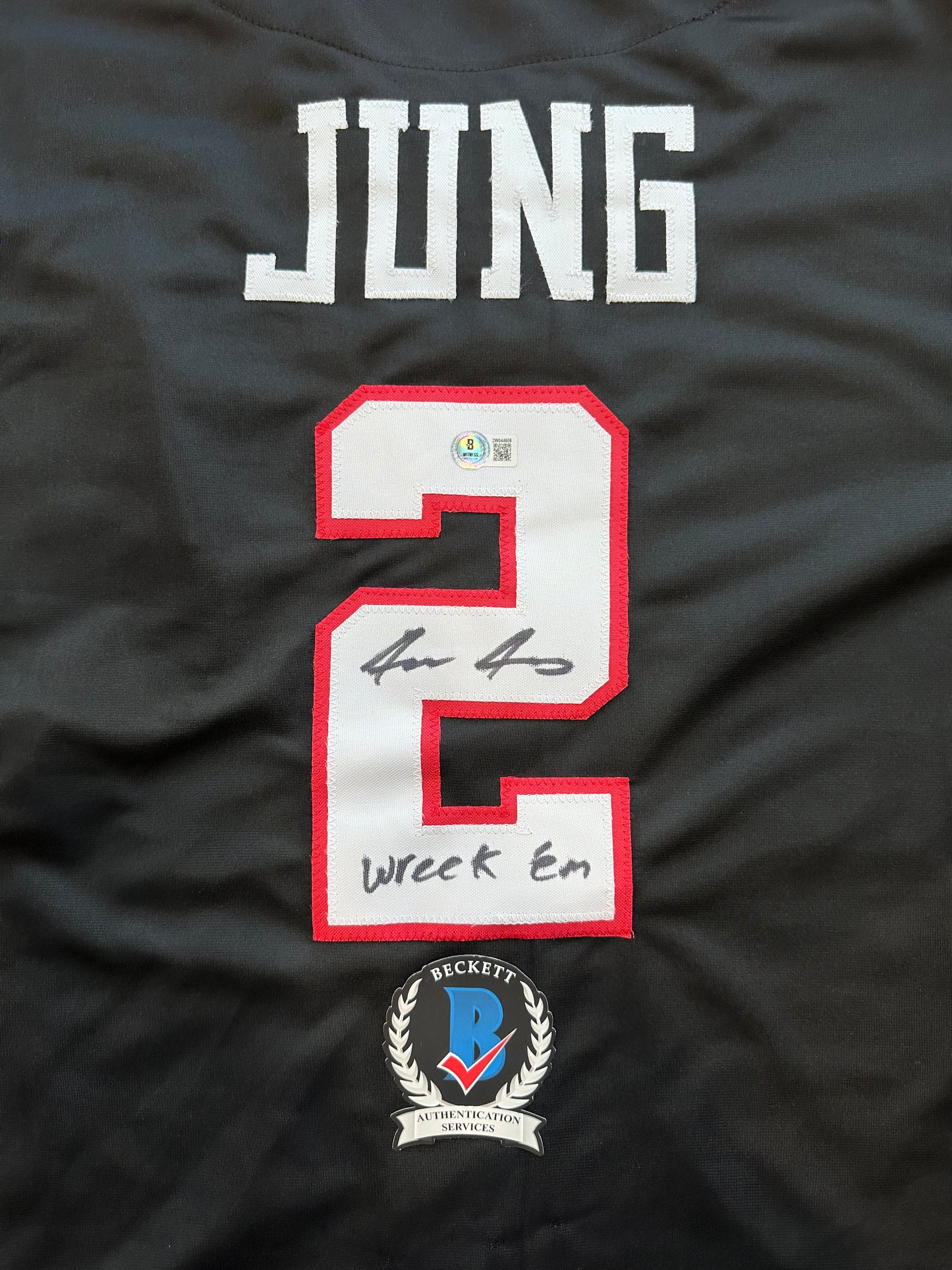 JACE JUNG SIGNED BLACK TEXAS TECH JERSEY w/ "Wreck 'Em" Tigers BAS