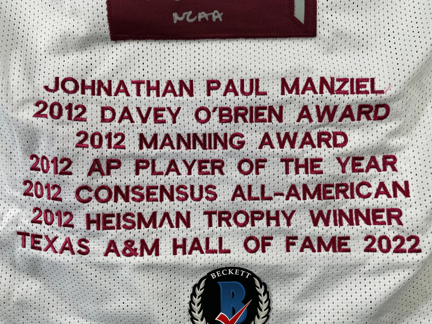 JOHNNY MANZIEL WHITE TEXAS A&M SIGNED STAT JERSEY w/" NCAA" BAS