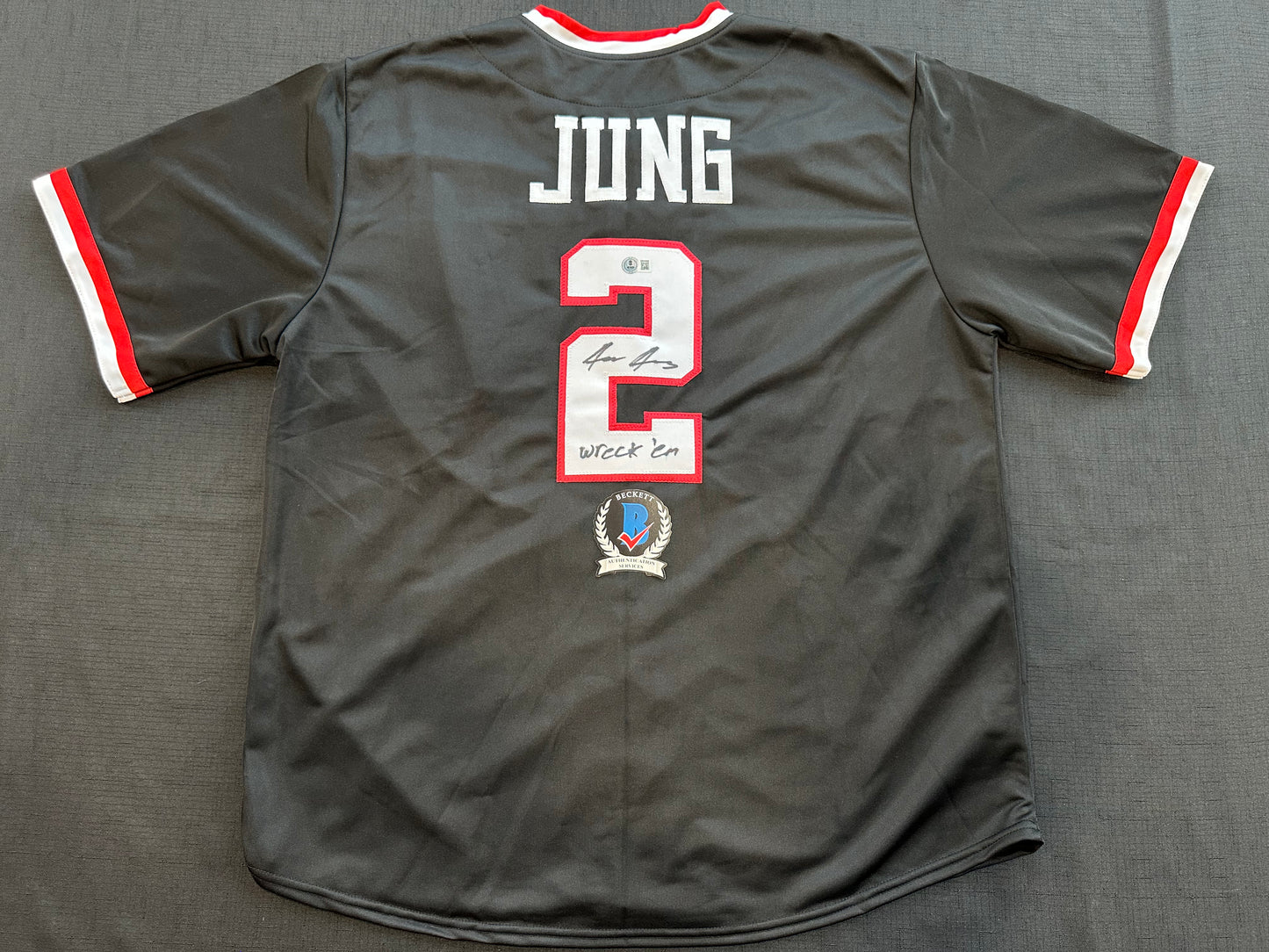 JACE JUNG SIGNED BLACK TEXAS TECH JERSEY w/ "Wreck 'Em" Tigers BAS