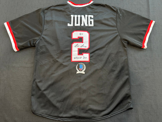 JACE JUNG SIGNED BLACK TEXAS TECH JERSEY w/ "Wreck 'Em" Tigers BAS