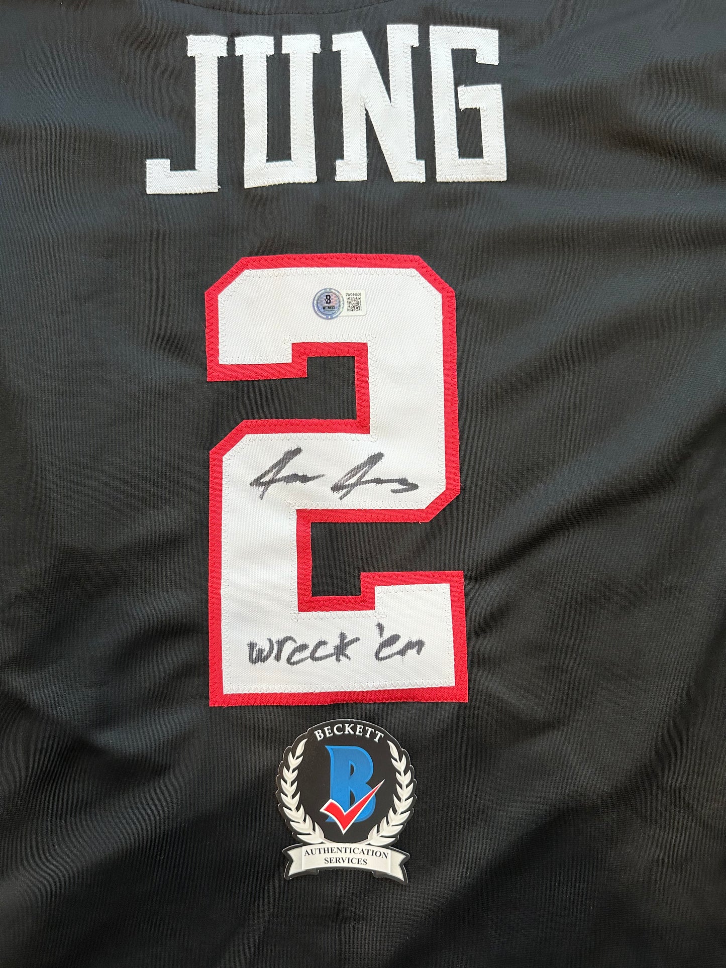 JACE JUNG SIGNED BLACK TEXAS TECH JERSEY w/ "Wreck 'Em" Tigers BAS