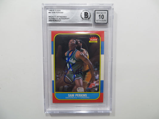 SAM PERKINS SIGNED BGS BAS SLAB 1986 FLEER #86 DALLAS MAVERICKS Auto 10