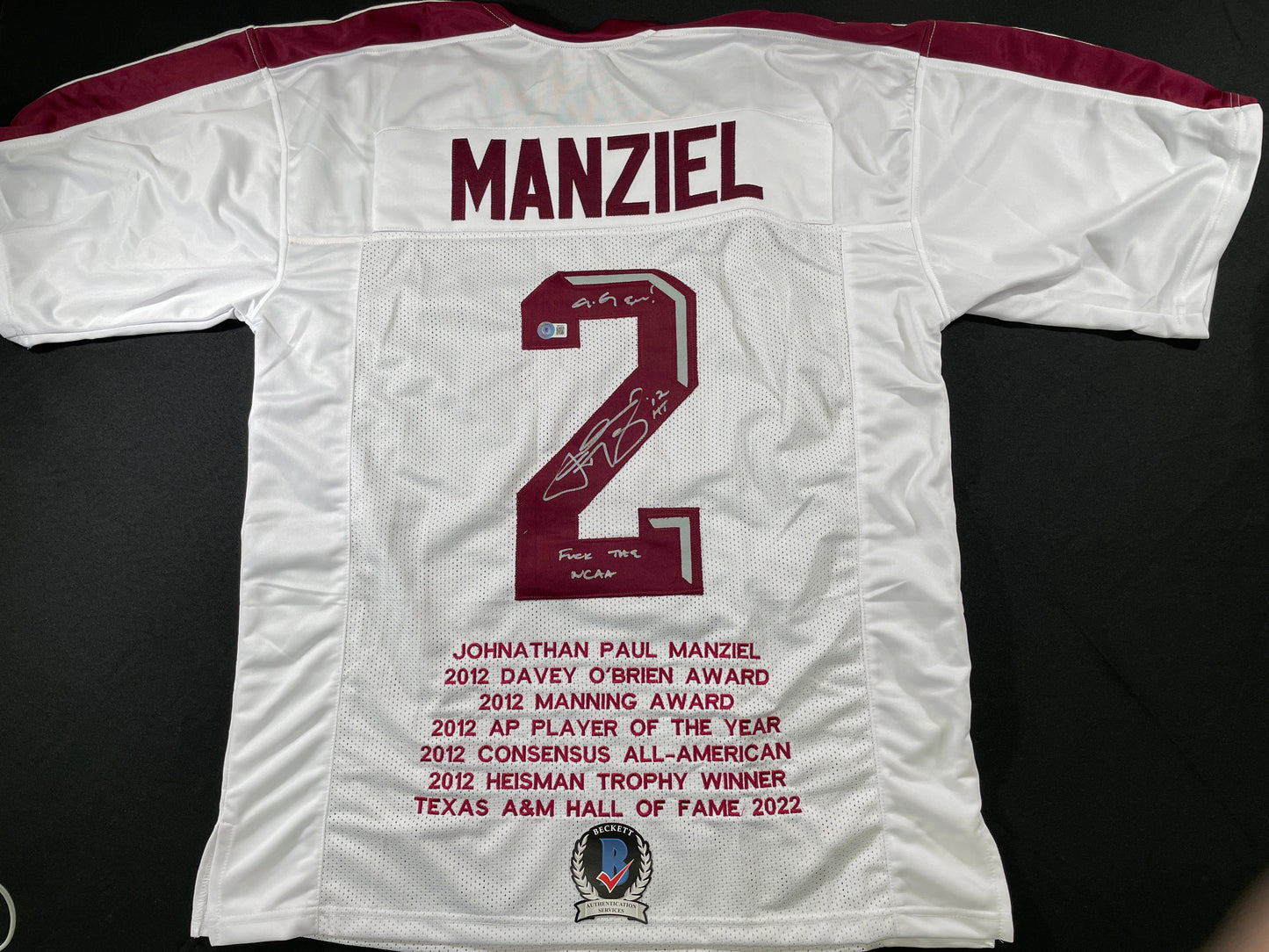 JOHNNY MANZIEL WHITE TEXAS A&M SIGNED STAT JERSEY w/" NCAA" BAS