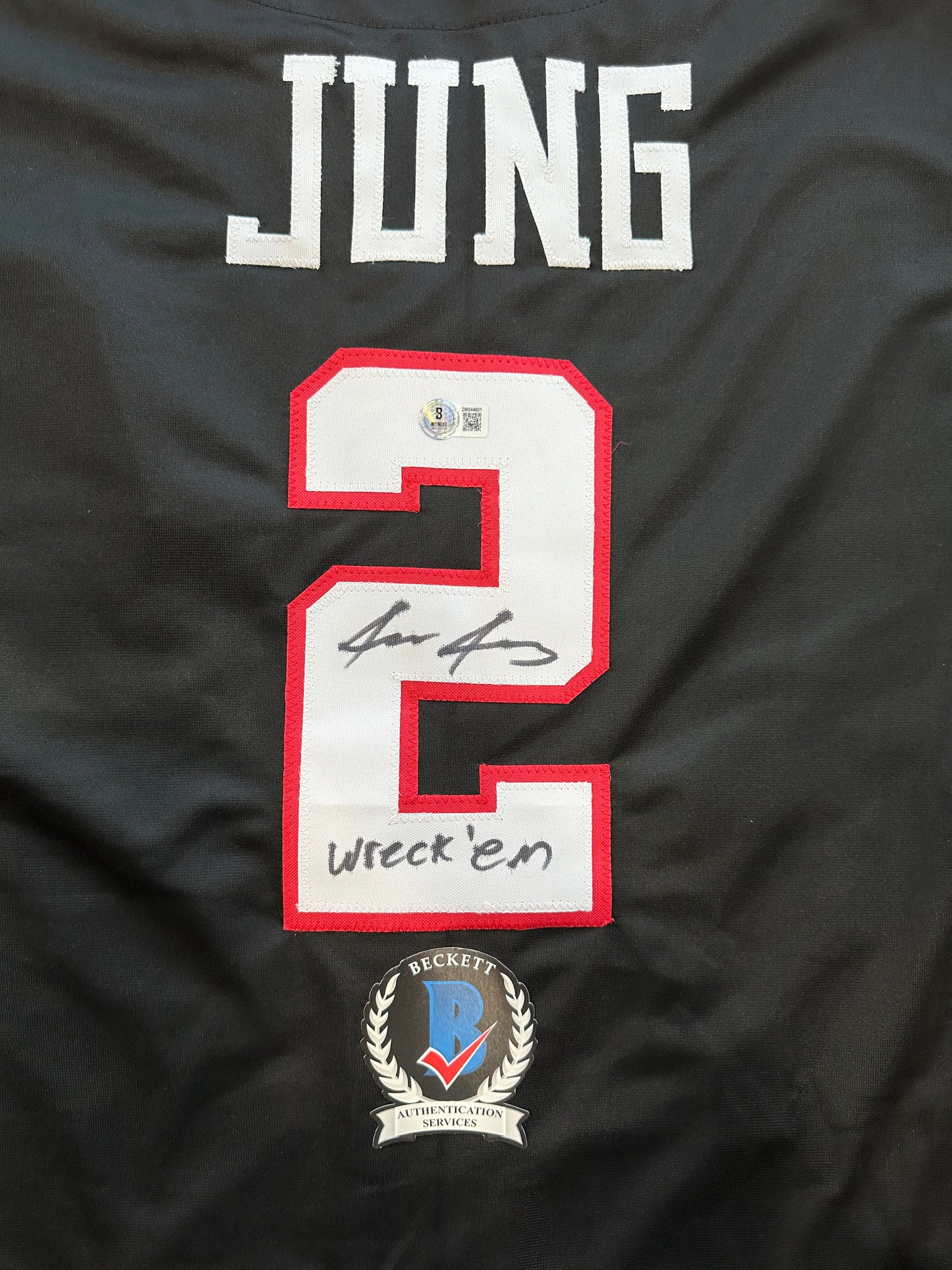 JACE JUNG SIGNED BLACK TEXAS TECH JERSEY w/ "Wreck 'Em" Tigers BAS