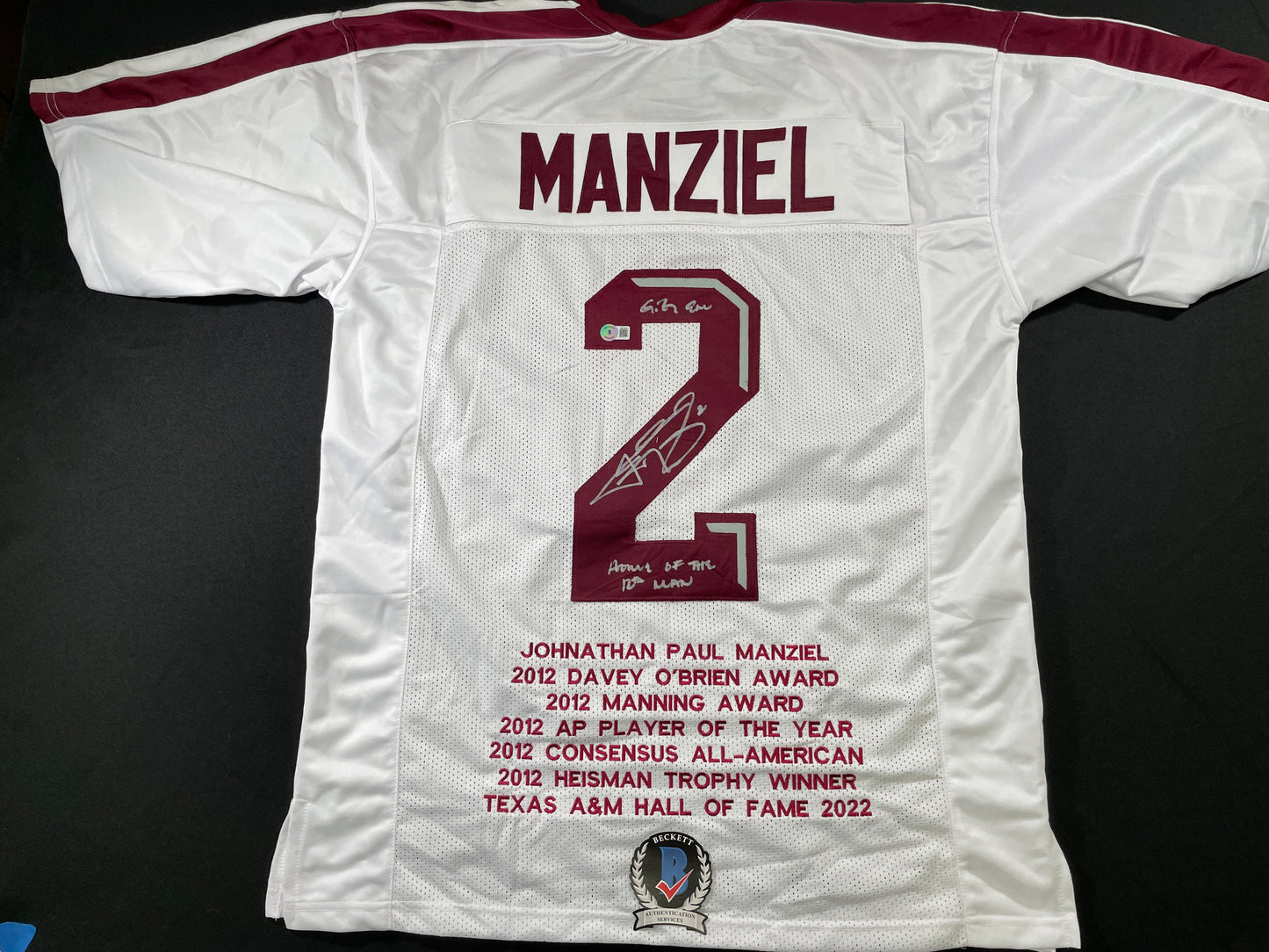 JOHNNY MANZIEL WHITE TEXAS A&M SIGNED STAT JERSEY w/"Home of the 12th Man" BAS