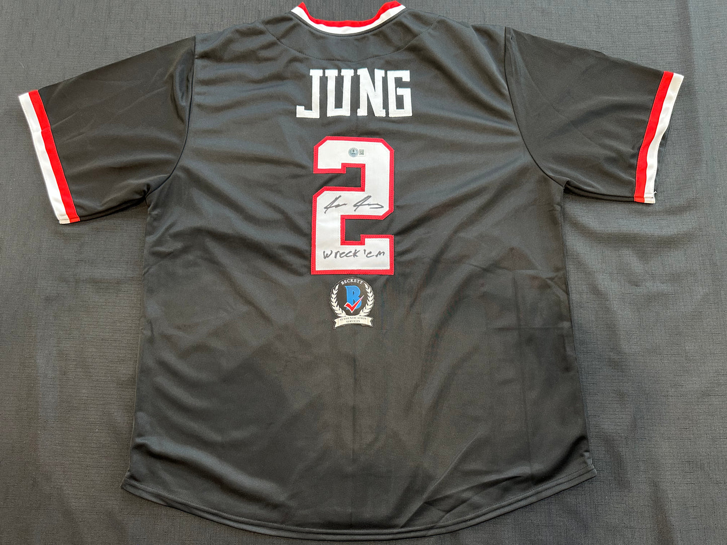 JACE JUNG SIGNED BLACK TEXAS TECH JERSEY w/ "Wreck 'Em" Tigers BAS