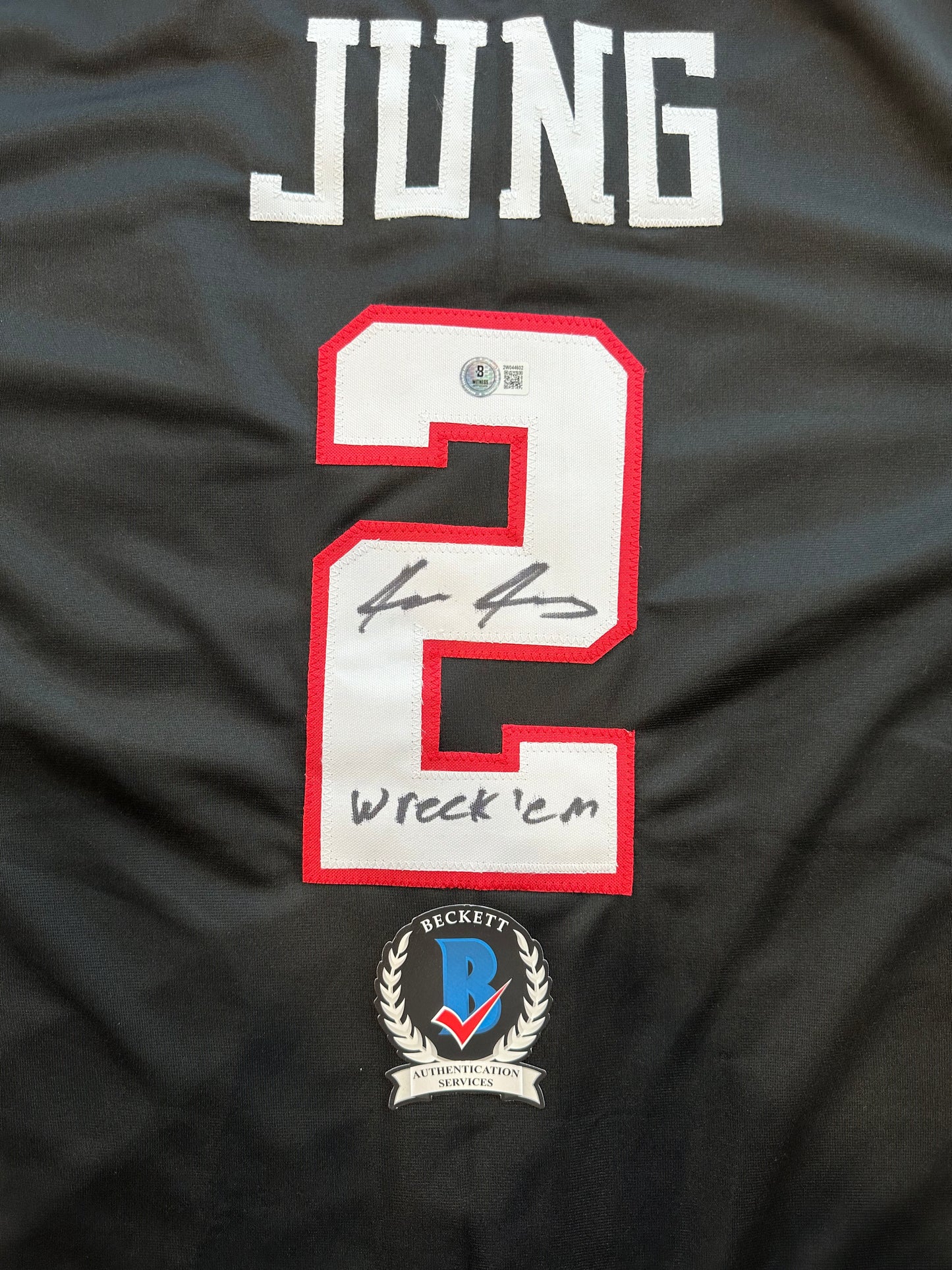 JACE JUNG SIGNED BLACK TEXAS TECH JERSEY w/ "Wreck 'Em" Tigers BAS
