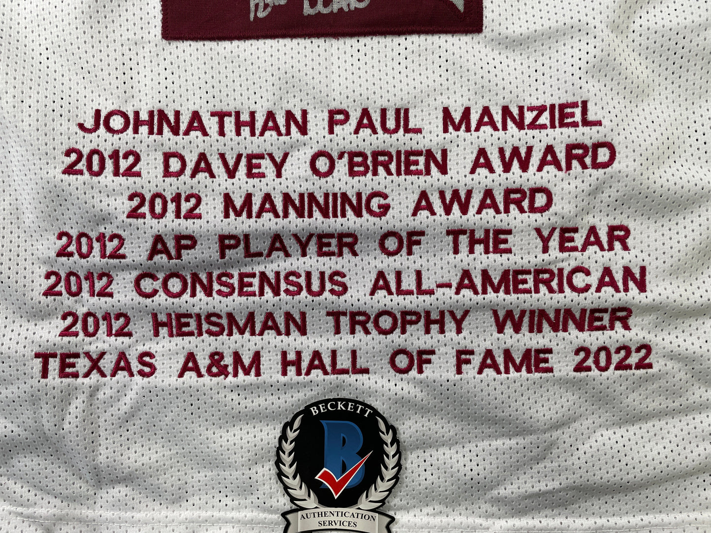 JOHNNY MANZIEL WHITE TEXAS A&M SIGNED STAT JERSEY w/"Home of the 12th Man" BAS