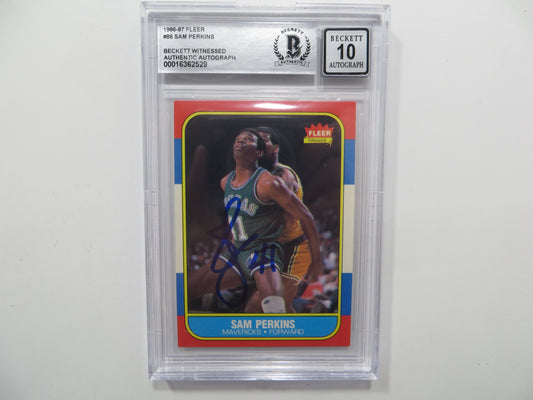 SAM PERKINS SIGNED BGS BAS SLAB 1986 FLEER #86 DALLAS MAVERICKS Auto 10
