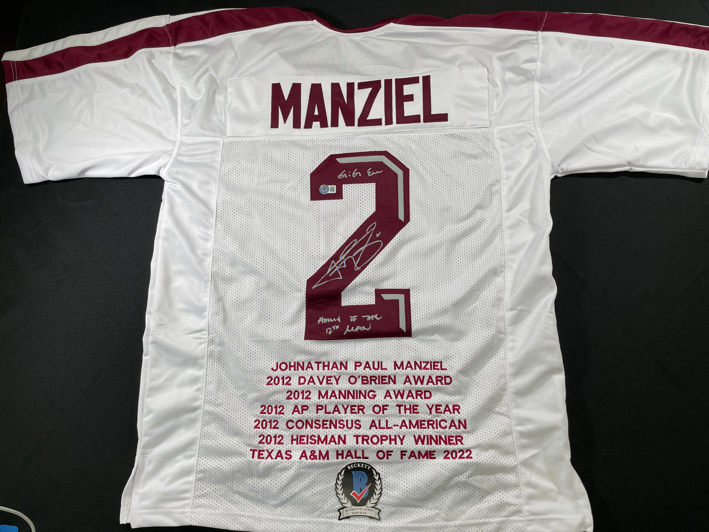 JOHNNY MANZIEL WHITE TEXAS A&M SIGNED STAT JERSEY w/"Home of the 12th Man" BAS