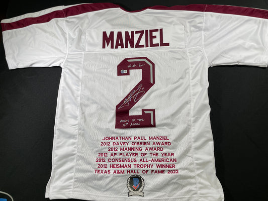 JOHNNY MANZIEL WHITE TEXAS A&M SIGNED STAT JERSEY w/"Home of the 12th Man" BAS