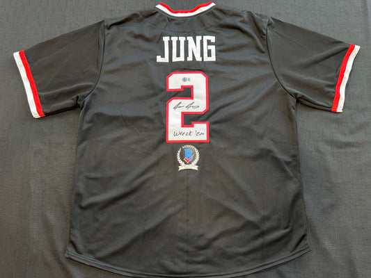 JACE JUNG SIGNED BLACK TEXAS TECH JERSEY w/ "Wreck 'Em" Tigers BAS