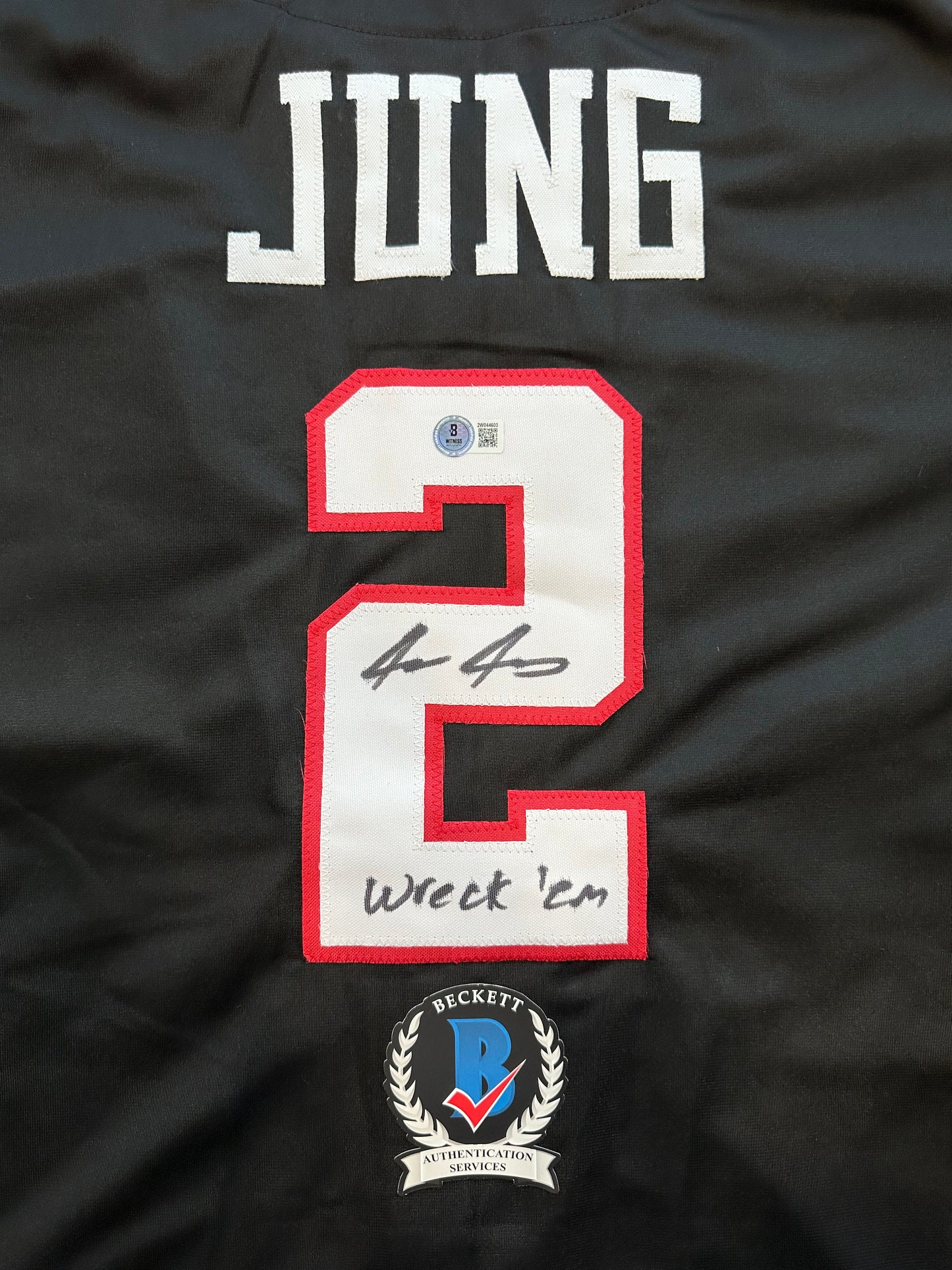 JACE JUNG SIGNED BLACK TEXAS TECH JERSEY w/ "Wreck 'Em" Tigers BAS