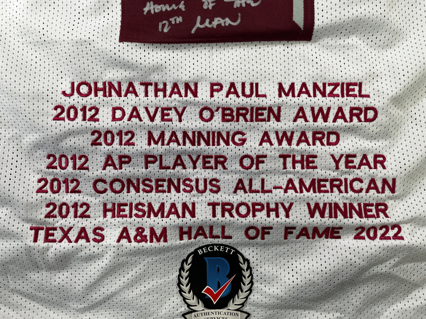 JOHNNY MANZIEL WHITE TEXAS A&M SIGNED STAT JERSEY w/"Home of the 12th Man" BAS