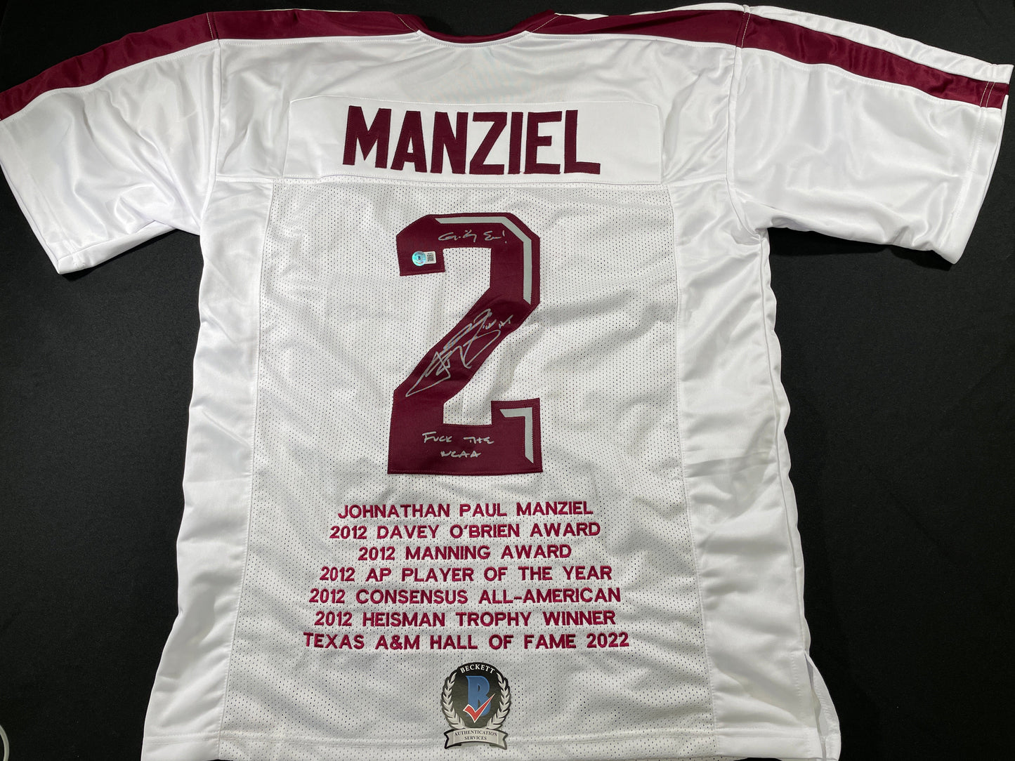 JOHNNY MANZIEL WHITE TEXAS A&M SIGNED STAT JERSEY w/" NCAA" BAS